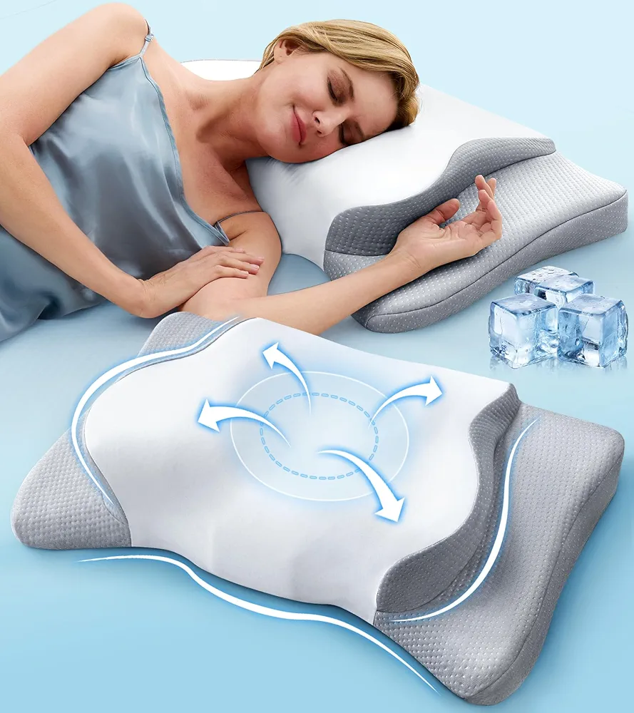 Super-fitted Cervical Neck Pillow for Pain Relief, Ultra Cooling Pillow for Sleeping with Q-max Cover, Side Sleeper Ergonomic Pillow w/ Armrest Area, Memory Foam Pillows Support Back Stomach Sleepers