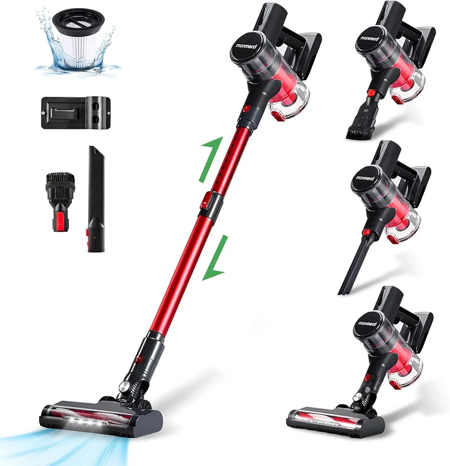 Cordless Vacuum Cleaner, 1L 16Kpa 49Mins Vacuum Cleaners for Home, 4 in 1 Lightweight Powerful Stick Vacuum, with LED Display, for Hardwood Floor Carpet Car Pet - Black/Red