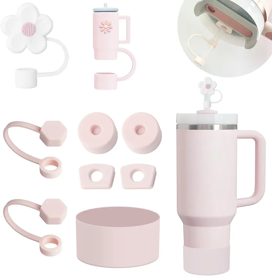 Stanley Cup Accessories Set Including 6 Pcs Silicone Spill Proof Stopper, 2 Pcs Straw Cover Cap for 9-10 mm Straws, 1 Pcs Silicone Boot for Stanley Cup Stanley 40oz & 30oz Tumbler (ROSE QUARTZ)