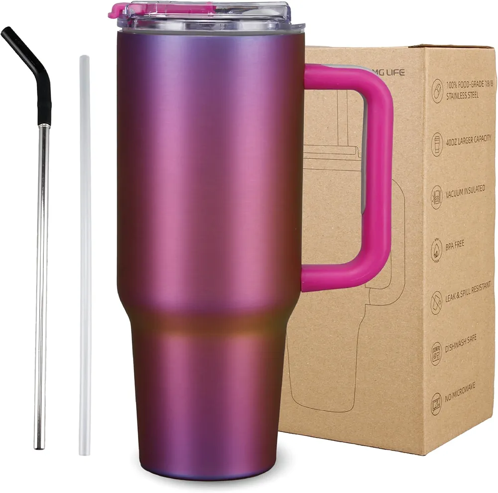 40oz Tumbler With Handle and Straw, Thermal Cups For Hot and Cold Drinks, Stainless Steel Tumblers, Leak Proof, Cupholder Friendly, Gifts for Women Men, Purple
