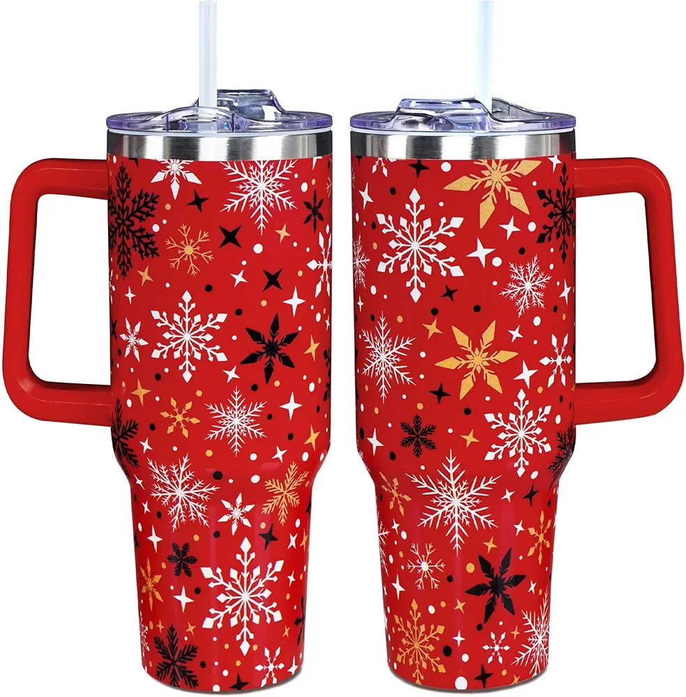 Christmas Gifts for Women Kids, Red Christmas Tumbler 40 oz with handle and Straw, Insulated Coffee mug Stainless Steel Water Bottle for Christmas