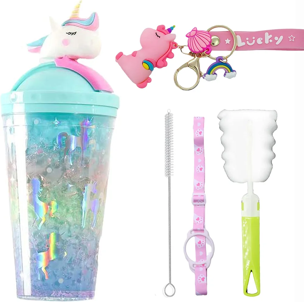 Unicorn Travel Tumbler with Straw Girl Ice Drinking Cup Water Bottle Freezer Frosty Mug Picnic Party Birthday Gift (unicorn blue, 450 ml)