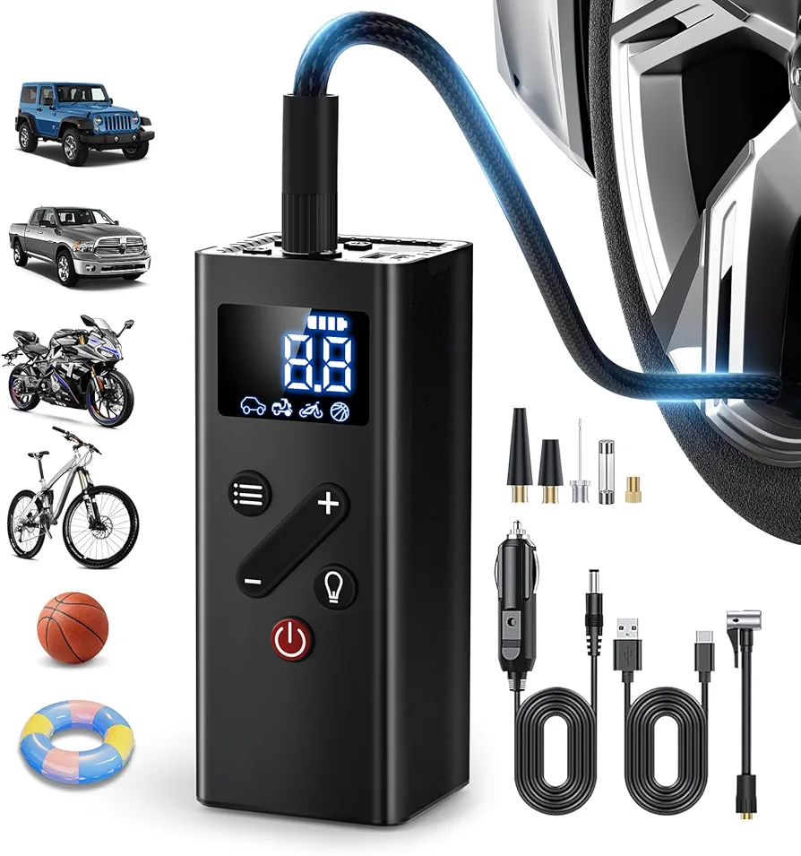 Tire Inflator Portable Air Compressor, 150PSI Cordless Air Pump for Car Tires, 4X Faster Bike Tire Pump with Pressure Detection, Air Pump for Car Tires for Car Motor Bike Ball (Black)