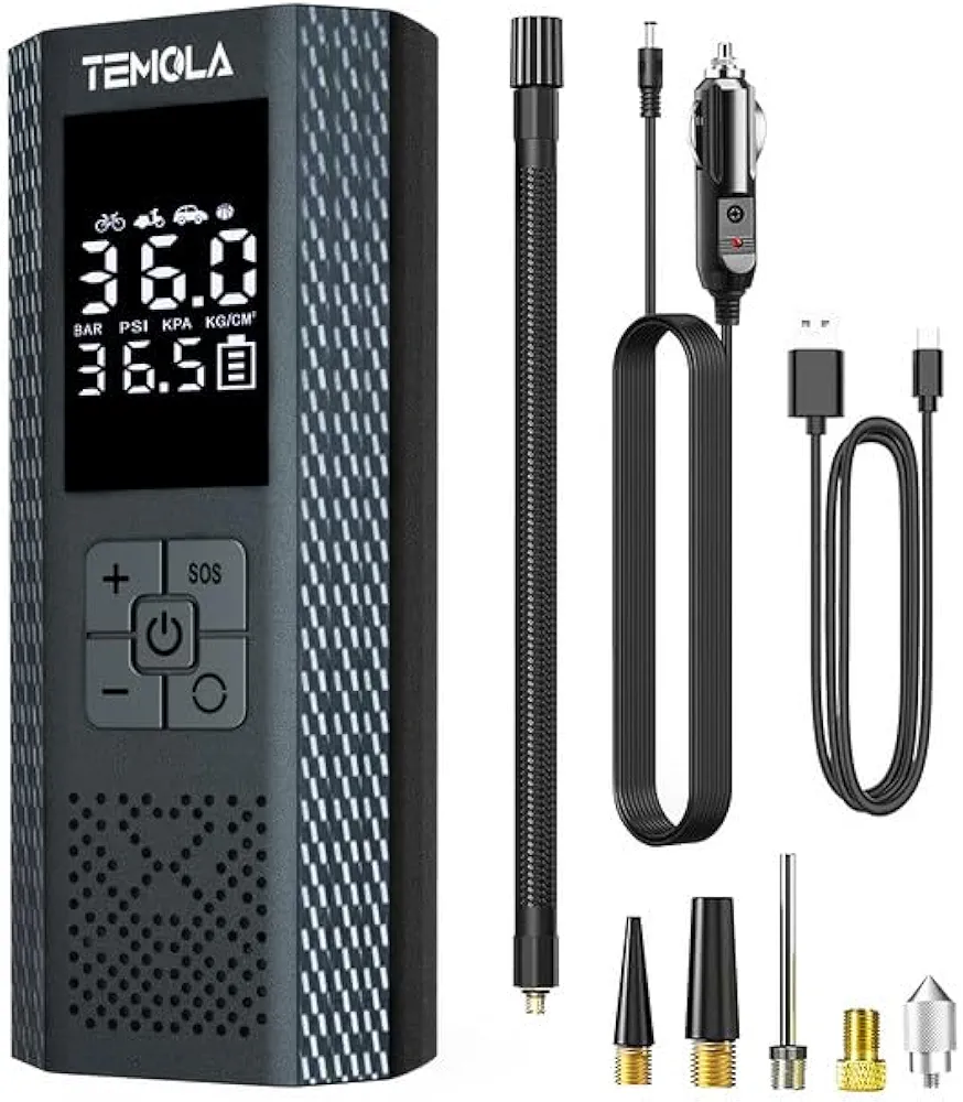 TEMOLA Tire Inflator Portable Air Compressor, 150PSI Portable Air Pump for Car Tires, Car Tire Air Pump Portable with Accurate Pressure LCD Display and LED Light, Cordless Tire Inflator for Car Bike