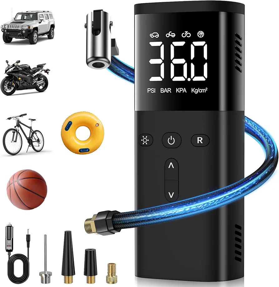 Tire Inflator Portable Air Compressor, 150PSI Auto Air Pump for Car Tires, DC 12V Electric Tire Pump with LCD Digital Pressure Gauge & LED Light for Motorcycle, Bike, Ball, Car Accessories