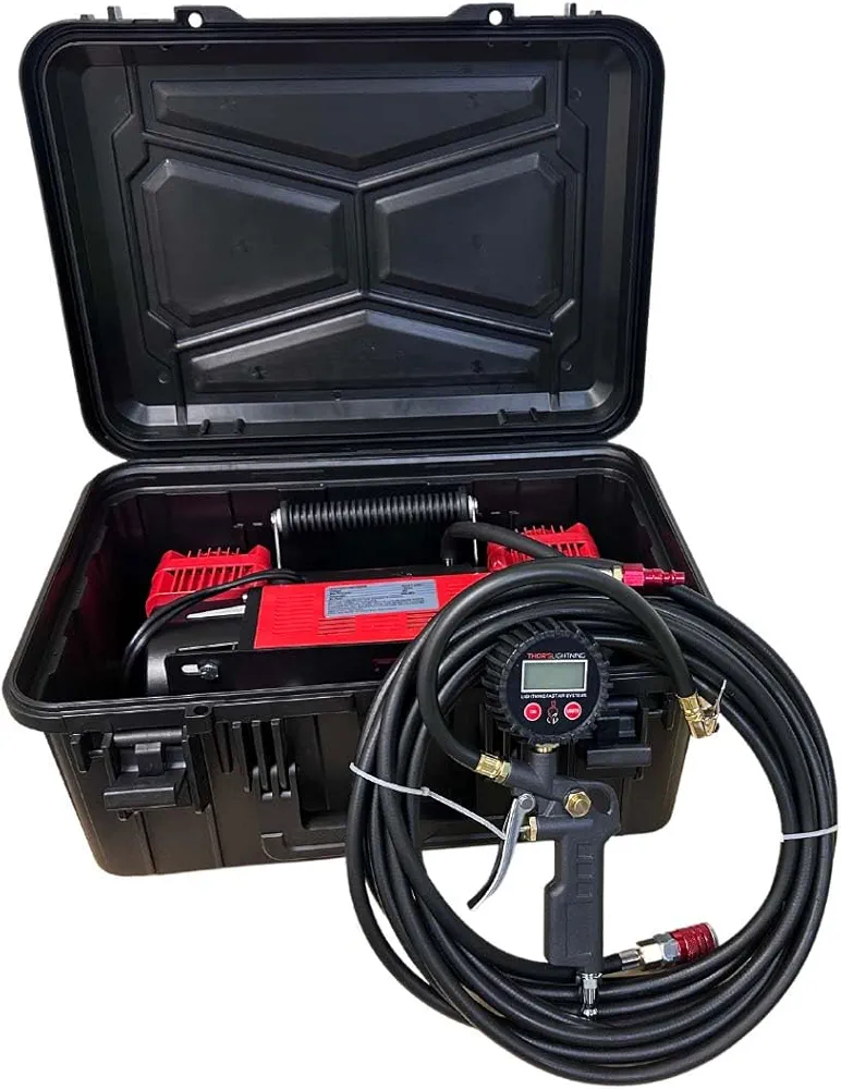 Thor's Lightning Bolt AirVault2 Portable 12v True Dual Air Compressor 10.6 CFM with Digital Pressure Gauge, Single-Tire Inflator/Deflator Air Gun with Lockable HardCase and Compressor Bracket Inside