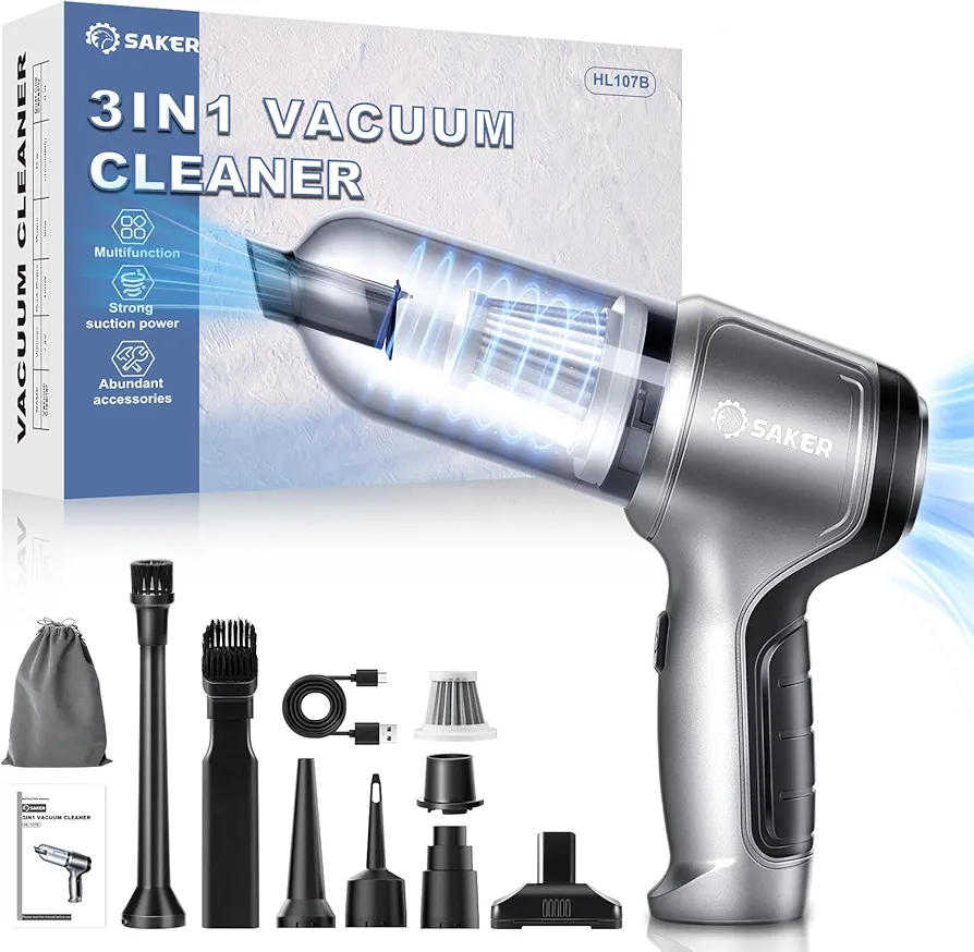 Saker Car Vacuum Portable Cordless 3 in 1 Handheld Car Vacuum 12000PA High Power with Brushless Motor and TypeC for Car,Office,Home Cleaning and Christmas HL107B