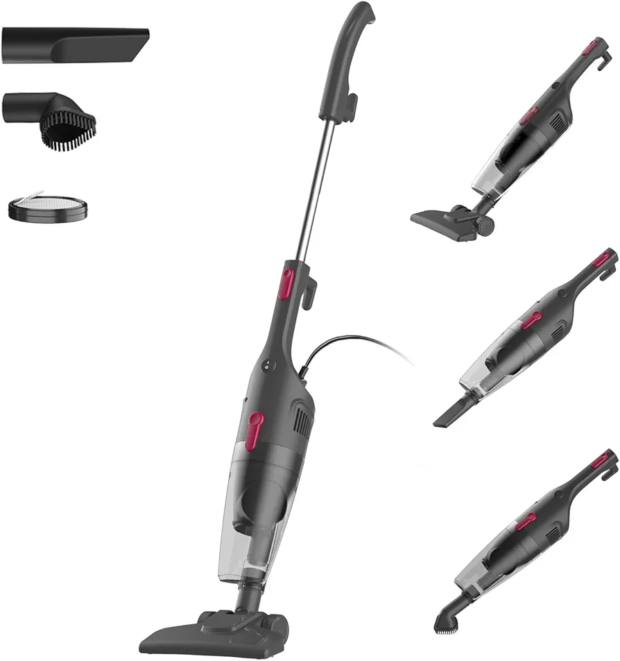 Small Vacuum Cleaner, 3-in-1 Lightweight Corded Stick Vacuum for Homes, Perfect for Hardwood Floors, Carpets, and Pet Hair, with Dust Brush and Crevice Tool, Self-Standing, 16.4 ft Power Cord