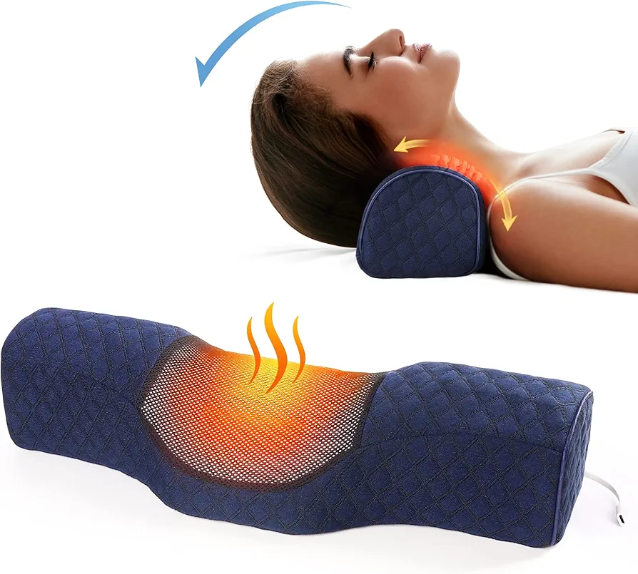 Neck Roll Pillows for Pain Relief Sleeping, Heated Memory Foam Cervical Neck Support Pillow for Bed with USB Graphene Heating for Stiff Neck Pain Relief (Dark Blue)