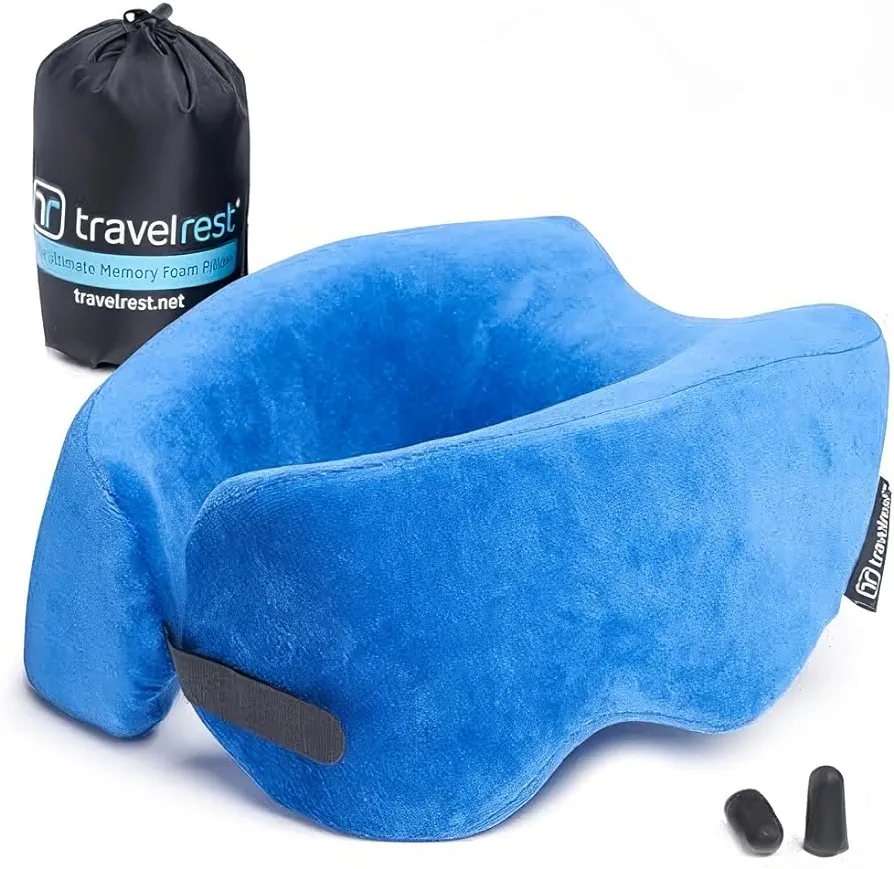 TRAVELREST Nest Memory Foam Travel Pillow/Neck Pillow - Advanced Neck Support for Long Flights - Patented Design for Optimal Relaxation - Long Travel - Unmatched Sleep - Machine Washable - Blue