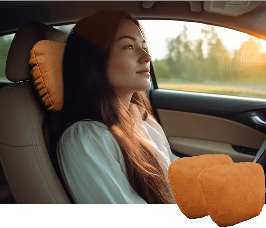 Car Neck Pillow for headrests, Superfiber Suede Support Head Pillows,Plant-Based Polyester,11.8x7.5 refillable&Multiple&Adjustable Drive Vehicle Cushion Seats(Orange Brown,Neck Pillow 2pcs)