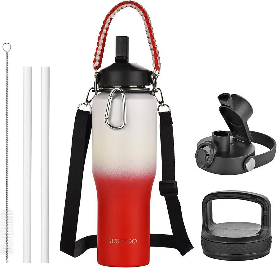 32oz Insulated Water Bottle With Paracord Handles & Strap & Straw Lid & Spout Lid,Metal Stainless Steel Water Flask Tumbler,Double Wall Travel Thermo Mug Fits in Any Car Cup Holders, Cold Hot 24hours