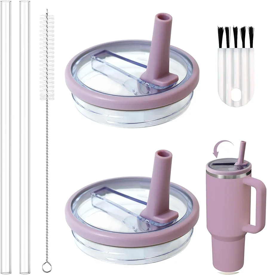 2 Pcs 40 OZ Tumbler Flip Straw Lid Fit for Stanley Quencher, Leakproof Replacement Tumbler Lids, Splash Resistant Tumbler Covers with Straws and Brush for Stanley Cup Accessories (Light Purple)