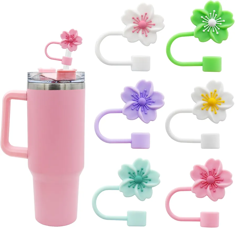 Silicone Straw Cover for 10mm Straw Covers Cap for Stanley Cup Accessories, Cute Straw Topper for Tumblers Straw Cap Stopper for Reusable Straws Tip Lids (6pcs sakura straw cap)