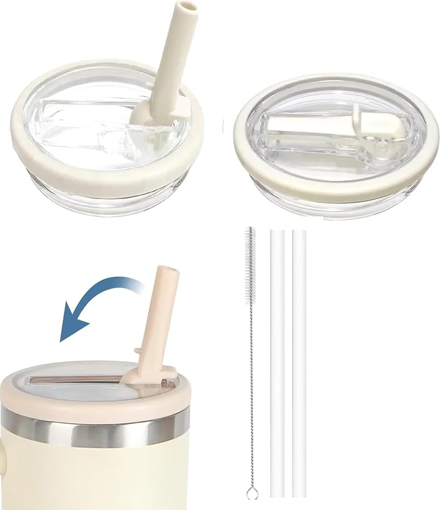 2 Pack 40 oz Tumbler Flip Straw Lid Replacement fit for Stanley Quencher, Spill Proof Tumbler Cover for Stanley Cup with 2pcs Straws and 1pcs Cleaning Brush (Cream)