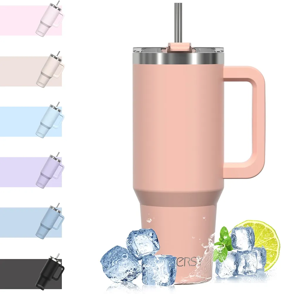 40 oz Tumbler with Handle,Tumbler with Lid and Straw,Double Wall Insulated Cup Stainless Steel Travel Mug(Cold for 34 Hours),Water Bottle for Iced Tea,Coffee,Cold Beverages(Pink)