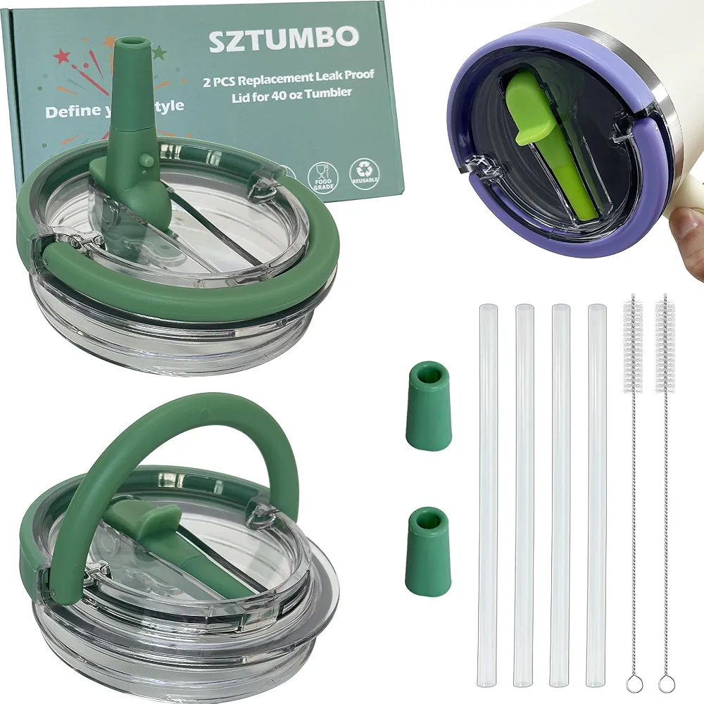 2 PCS Handle Flip Straw Lid Replacement for Stanley 40 oz Tumbler,100% Leak-proof Lid,Spill Proof and Splash Resistant Tumbler Cover,with Detachable Suction Nozzle(Sage)