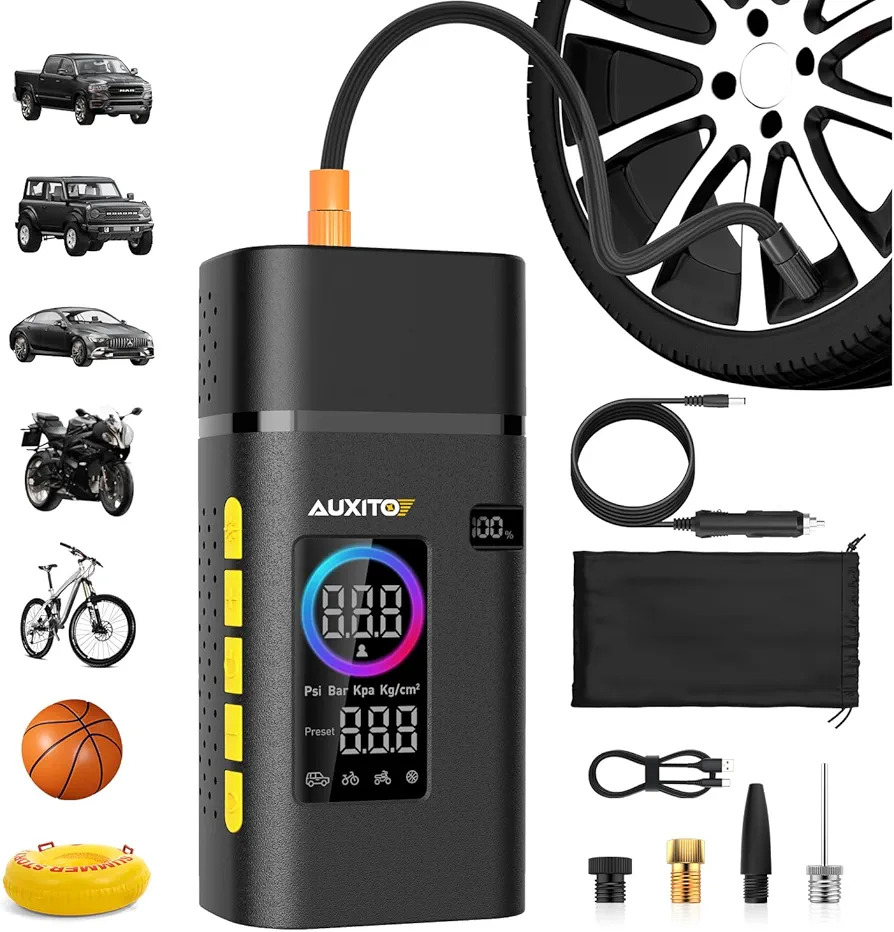 AUXITO Air Pump for Car Tires Portable Battery Powered Tire Inflator Air Compressor for Car Mortorcycle Bike Ball with Digital Pressure Gauge LED Light, Preset and Auto Off