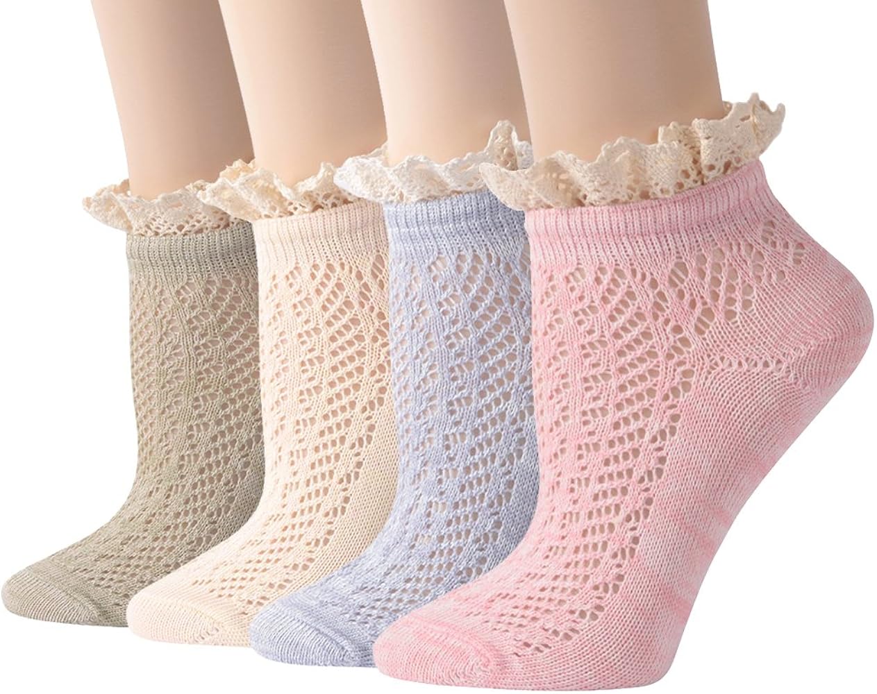 Women's Lace Ruffle Frilly Colorful Floral Cotton Casual Novelty Ankle Socks 4/5/6 Pairs