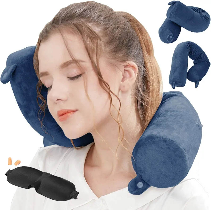 Twist Memory Foam Travel Pillow Neck, Chin, Lumbar Leg Support Traveling on Airplane, Bus, Train at Home (Navy Blue)