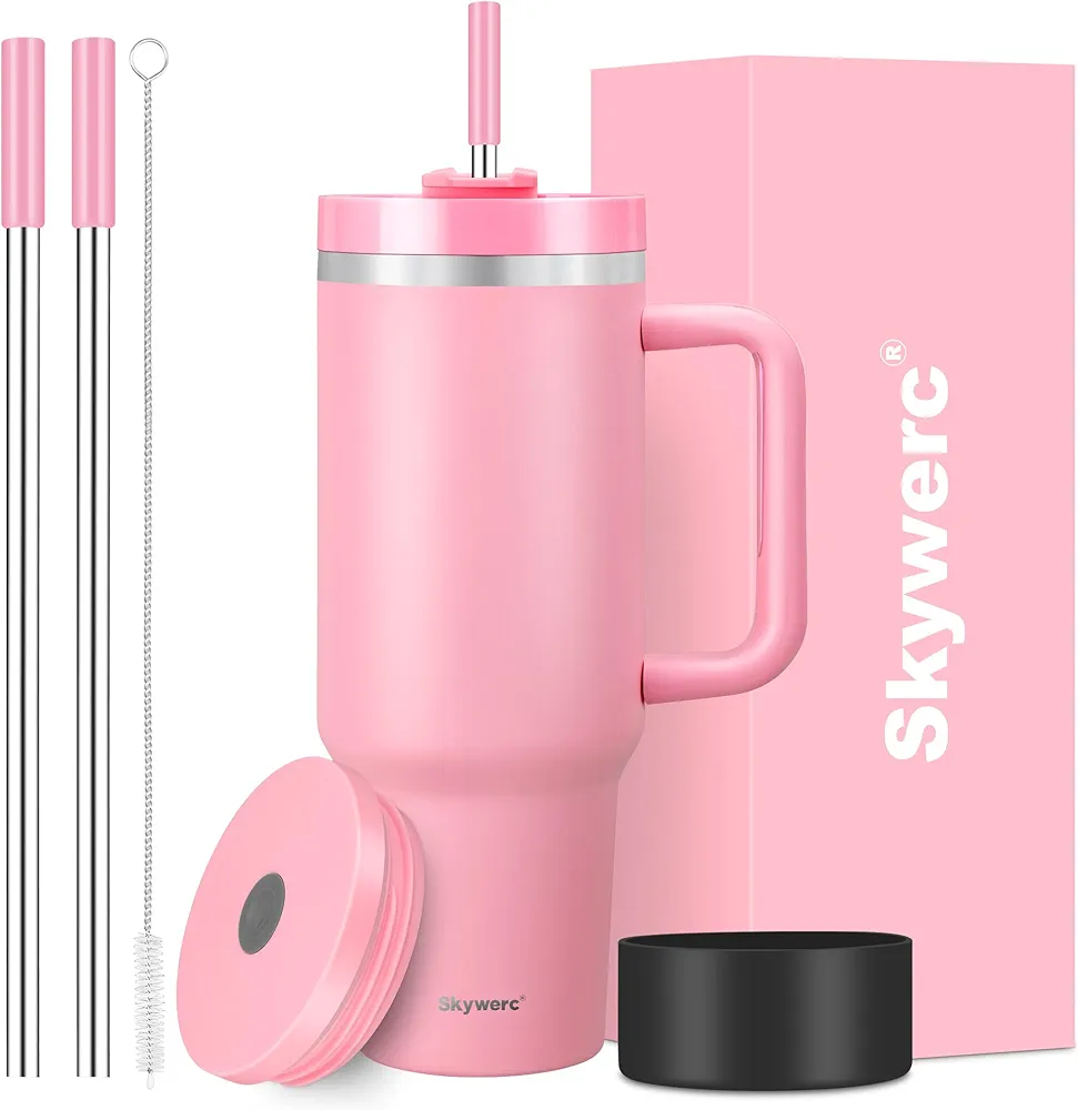 40 oz Tumbler with Handle and Straw, 2 Lids (2 in 1 & LeakProof Lid) - Vacuum Insulated Stainless Steel Double Wall Water Bottle Travel Coffee Mug - Christmas Holiday Gifts for Women Mom Grandma, Pink
