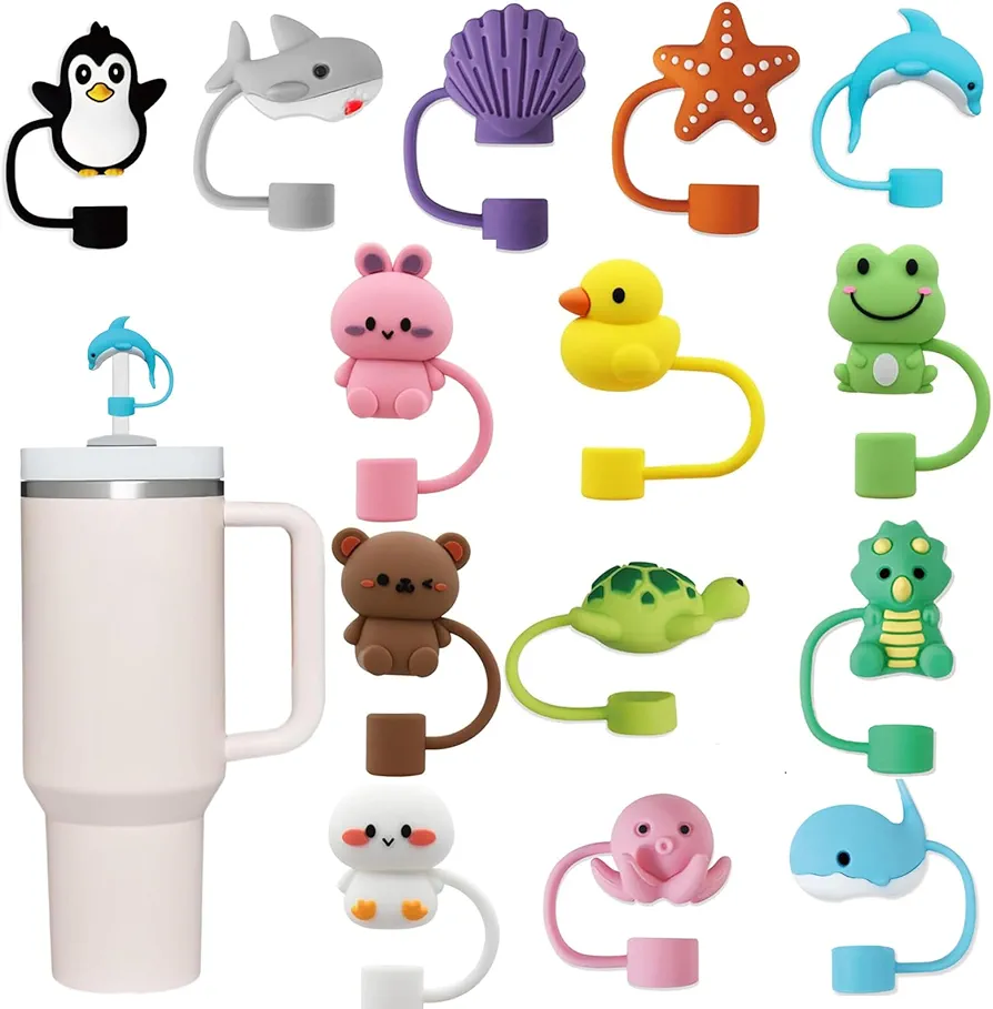 14Pcs Straw Cap for Stanley Cup, 10mm Cute Straw Toppers for Tumblers, Animal Silicone Straw cover for 30&40oz -22