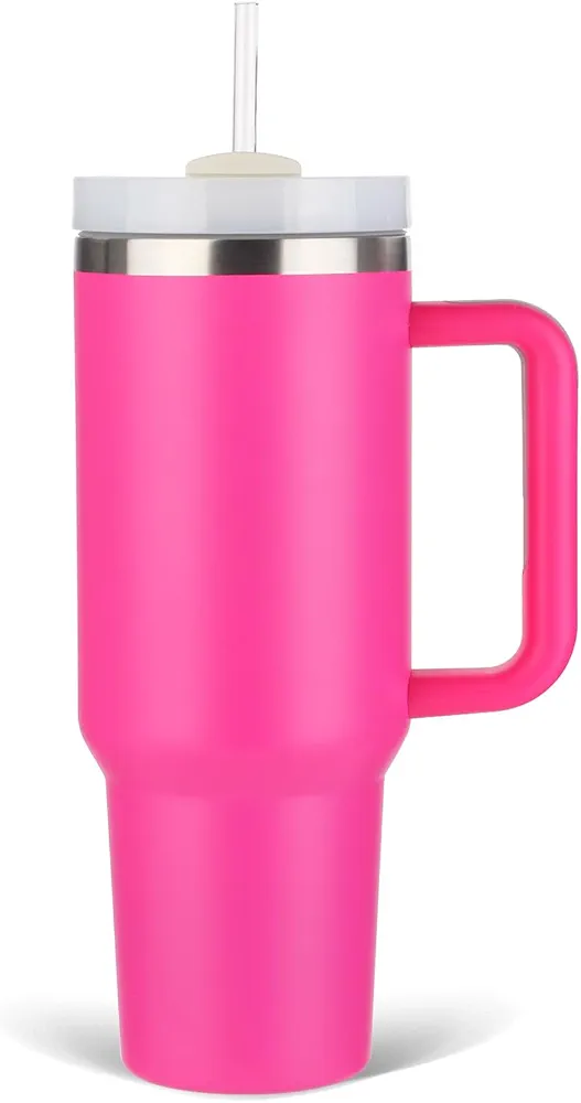 40 oz Tumbler with Handle, Insulated Tumbler with Lid and Straw, Reusable Stainless Steel Vacuum Insulated Water Bottle Travel Coffee Mug Cup Maintains Cold Ice and Heat for Hours (Pink)