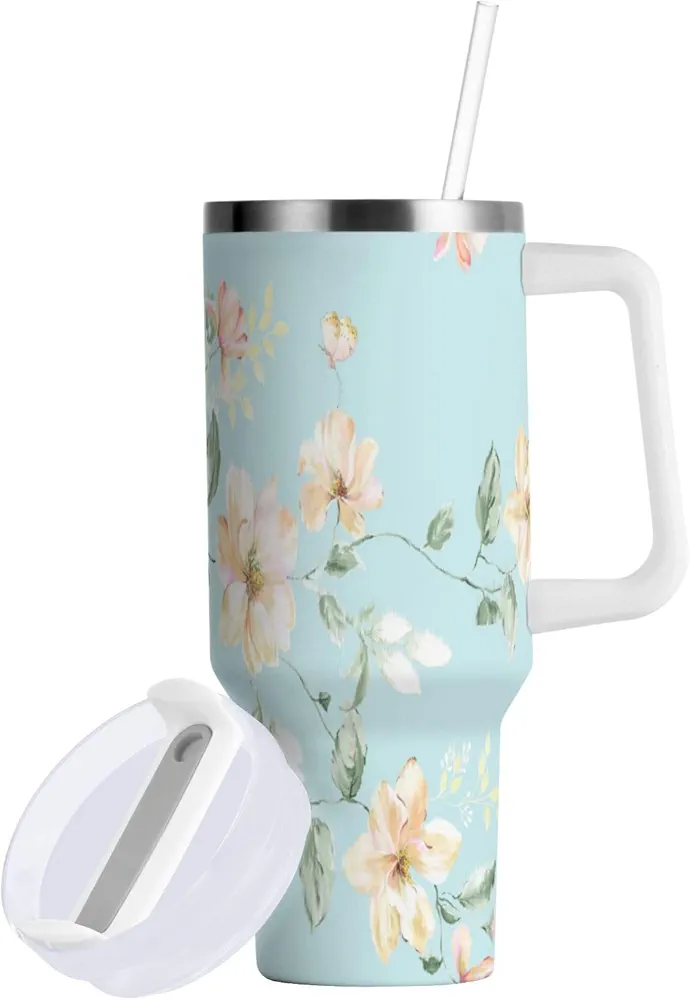 Flower Watercolor Flowers Insulated Tumblers Reusable Stainless Steel Tumbler 30 oz Cup Coffee Travel Mug Water Bottle with Handle & Flip Straw for Home Office Car
