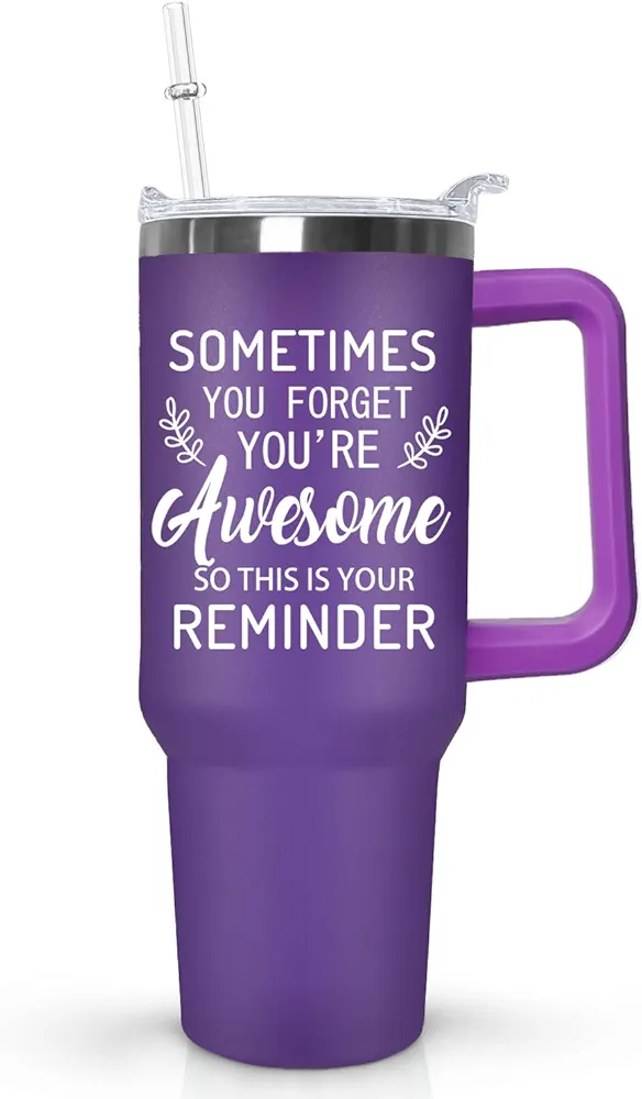 Ceovfoi Purple Tumbler with Handle Lid and Straw,40 Oz Inspirational Tumbler Water Bottle Travel Coffee Cup Mug,Sometimes You Forget You Are Awesome Birthday Gifts for Women