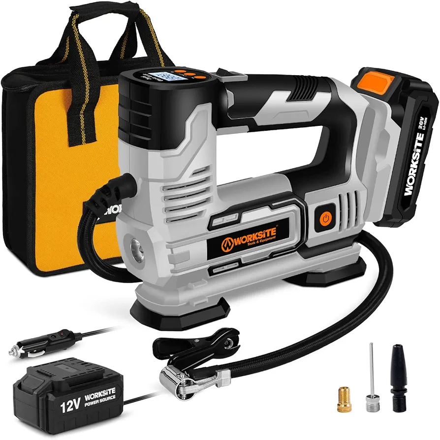 WORKSITE Tire Inflator Air Compressor Portable, 20V Cordless Tire Pump 150 PSI with Digital Pressure Gauge, Rechargeable Li-ion Battery and 12V Car Power Adapter, Gray