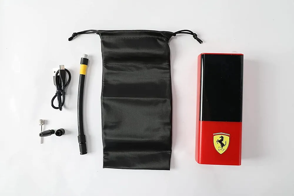 Ferrari 3pcs Set Includes- Ferrari Drawstring Backpack- Ferrari No. 2 Soccer Ball & a Ferrari Portable Air Compressor, 150 PSI Battery Power Tire Inflator Air Pump.
