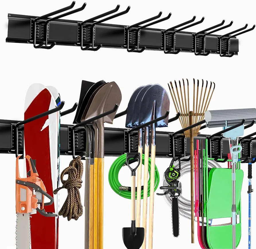 Garage Storage Rack Hooks, 48 Inch Heavy Duty Wall Mount Garage Organization with 3 Rails and 6 Adjustable Double Wall Hooks,Hanging Shelves for Garden Tool/Broom/Mop(Black)