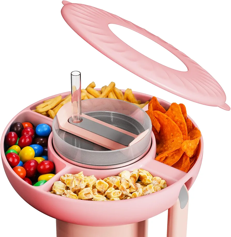 NiHome Reusable Silicone Snack Bowl with Lid for Stanley Tumbler - Leak-Proof, Secure Fit for Travel & Home, Durable, BPA-Free, Dishwasher-Safe, Preserves Freshness and Flavor (Pink)