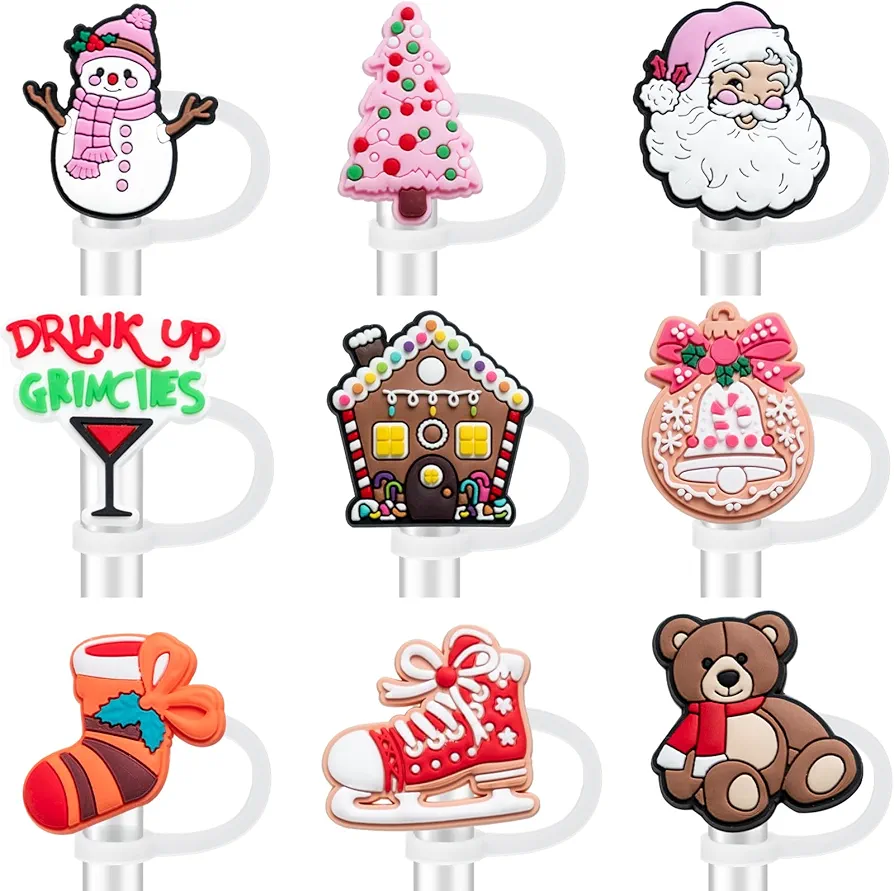 9PCS Christmas Straw Covers for Stanley Cup Tumbler 30 oz / 40 oz Leak Proof Straw Toppers 10mm Silicone Christmas Straw Topper Caps for Stanley Cup Accessories-Christmas