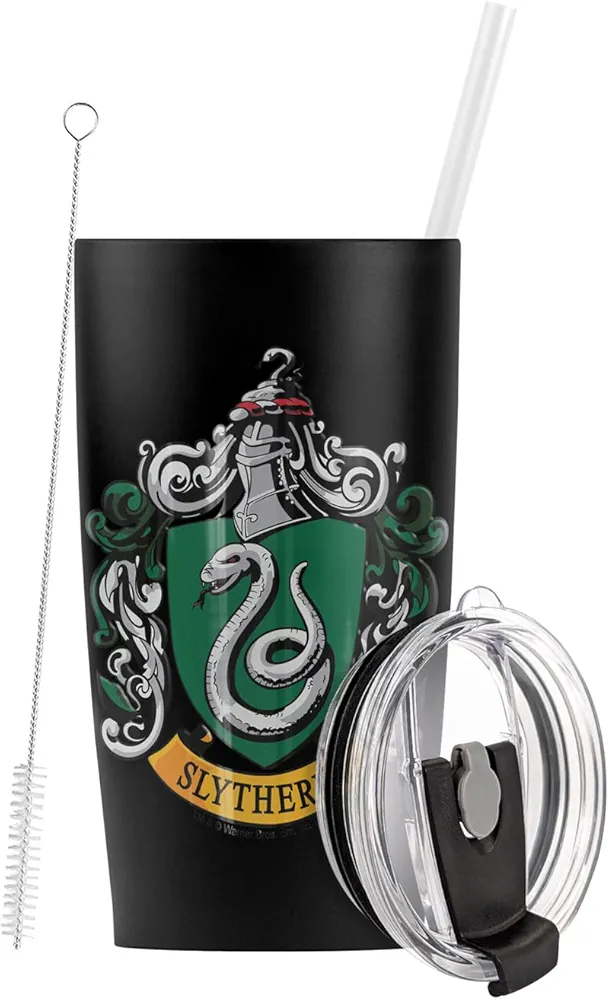 LOGOVISION Harry Potter Slytherin House Crest Stainless Steel Tumbler with Straw and Flip Lid 20 oz, Vacuum Insulated & Double Wall with Leakproof Dual Lid | Great for Iced Coffee and Hot Beverage