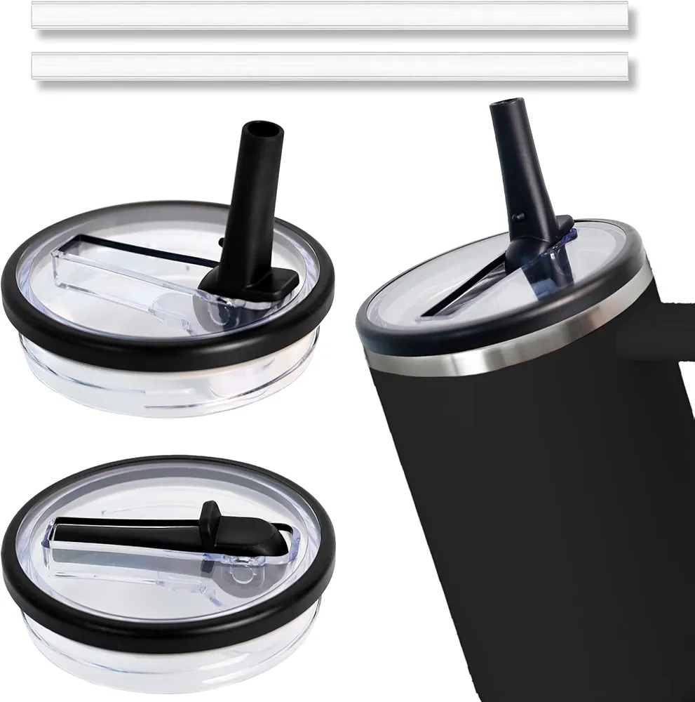 2 Pcs Tumbler Flip Straw Lid Replacement Fit for Stanley Cup 40 oz|Leak-Proof Splash Resistant Tumbler Lids|Reusable Tumbler Cover for Stanley Quencher（Black）