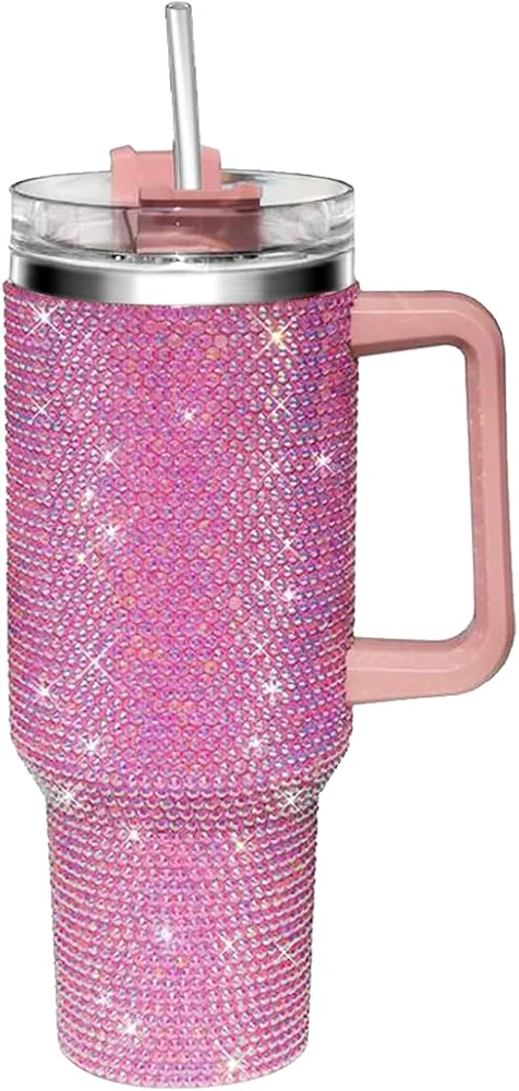 40oz Tumbler with Handle-Glitter Tumbler, Rhinestones Tumbler Bling Cups Stainless Steel Water Bottle Diamond Studded Tumbler for Women-Birthday Gifts for Women, Mom, Wife, Girlfriend (40 oz, Pink)