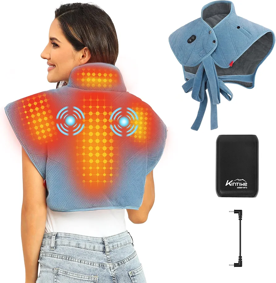 Heating Pad for Neck and Shoulders and Back with Battery,12V Cordless Heated Pad with Vibration Massager and 3 Heating Modes,Portable Weighted Electric Heat Pad,16.9'' x 23.6''