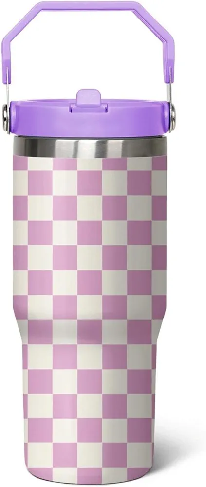 30 oz Purple Checkered Flip Tumbler With Lid and Straw,Checkered CoffeeTravel Mug Cup Water Botter,Checkered Gifts for Women,Checkered Stuff Decor Accessories