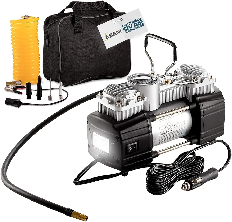 Asani 12V Air Compressor - Portable & Compact Tire Pump, 150 PSI Heavy-Duty Double Cylinder Tire Inflator with LED Flashlight, Ideal for SUVs, Off-Road, Trailer, Truck, Bike, Air Bed