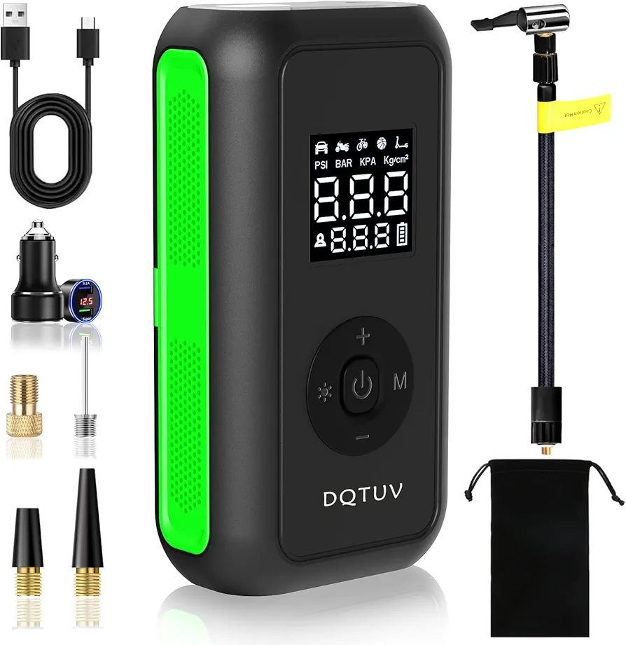 Tire Inflator Portable Air Compressor, Rechargeable Air Pump for Car Tires, 150PSI Portable Tire Inflator with Car Charger Adapter, 2X Faster Bike Tire Pump,Motorcycle,Pressure Gauge,LED Light