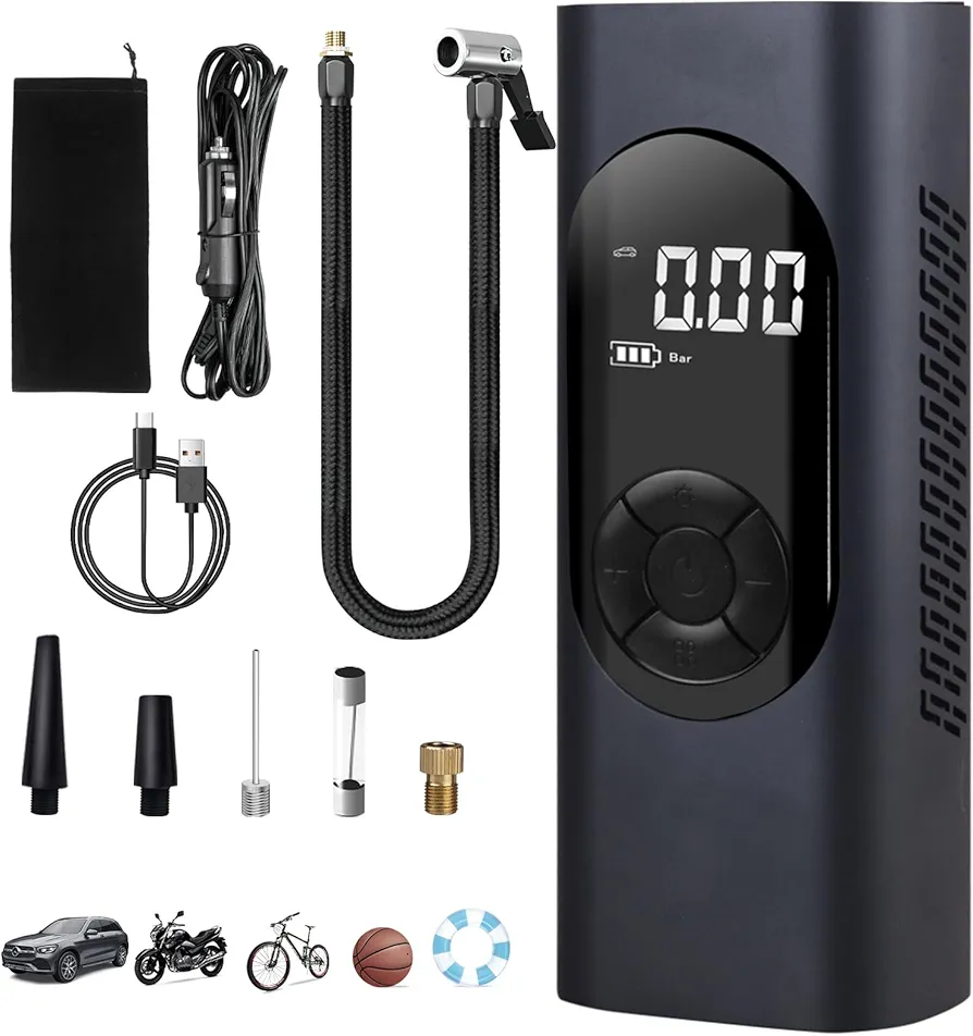 Tire Inflator Portable Air Compressor,car/Moto/Bike air Compressor for car Tires 150psi tire Pressure Measurement Cordless 5 Conversion nozzles 50 cm Trachea SOS/LED Lights with Storage Bag