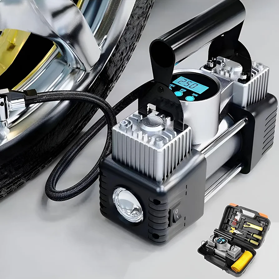 Tire Inflator Portable Air Compressor with Toolbox and LED Light Air Pump for Car 12V Auto, Multi-function Portable Tire Inflator for Car Tire Air Pump