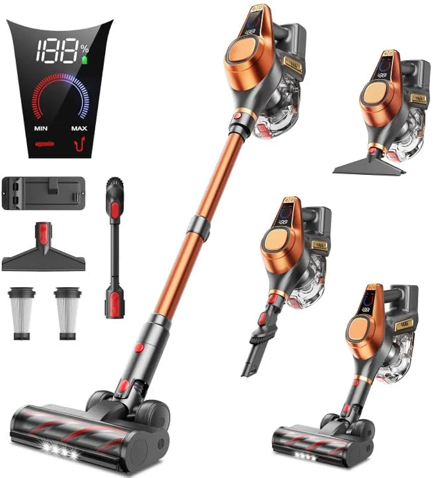 Cordless Vacuum Cleaner, 550W/45Kpa Vacuum Cleaners for Home with LED Screen, Max 60 Mins Runtime, Noise Reduction Tech, Anti-Tangle Stick Vacuum for Pet Hair Carpet and Hardfloor
