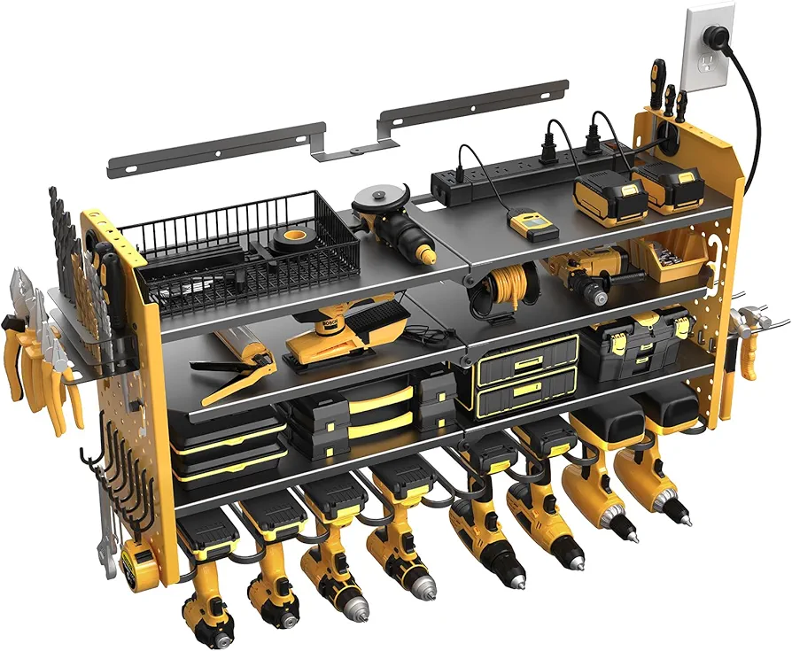 SUPERDANNY Power Tool Organizer Wall Mount with Charging Station, Adjustable 4-Tier 8 Drill Storage Shelf Garage Organization, Cordless Drill Hanger Tool Battery Holder Storage Rack with 6 AC 4 USB