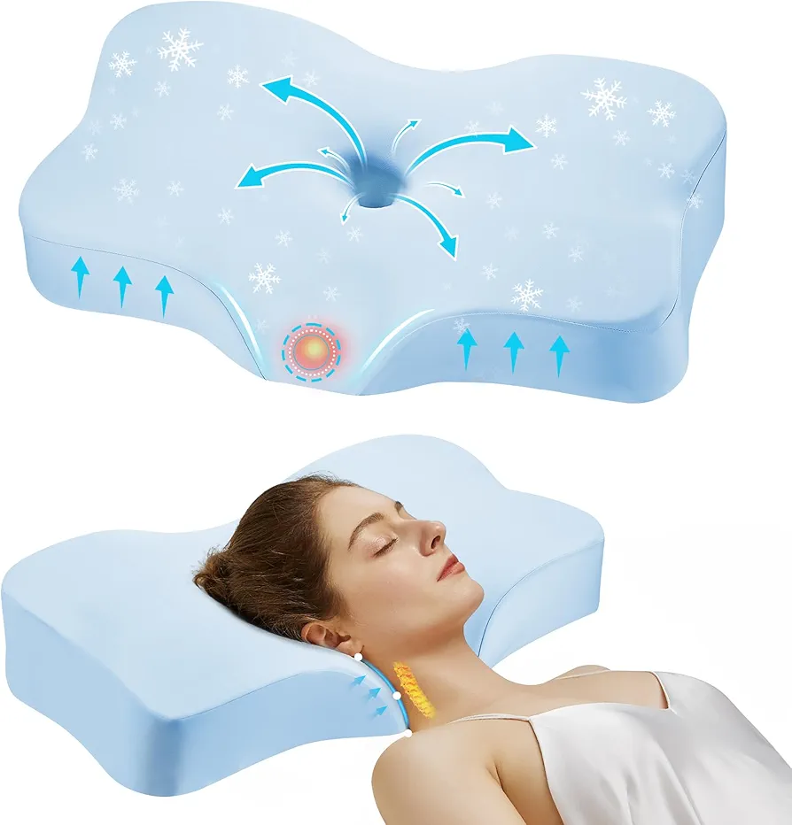 Memory Foam Pillow Upgraded Cervical Pillow for Neck and Shoulder Ergonomic Head Neck Support Pillow for Side Back Stomach Sleepers with Removable Pillowcase (Blue)