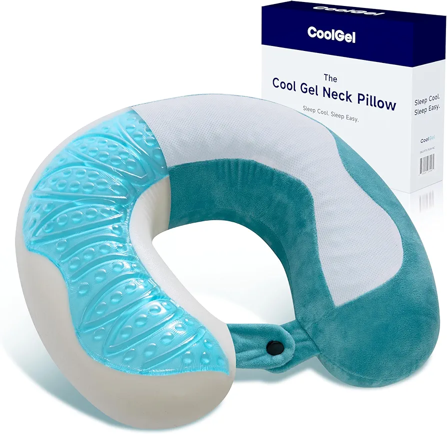 COOL GEL Memory Foam Neck Pillow for Travel with Removable Cover, Supportive and Comfortable