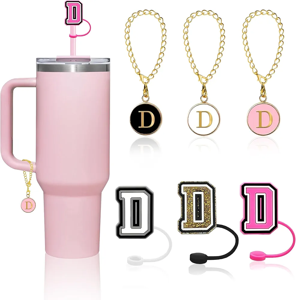 Stanley Straw Toppers & Charms for Stanley Cup Letter D Accessories - Cute Personalized Handle Charms with Initial Name ID + Straw Covers for 10mm Straw and 30&40 oz Tumbler Cup