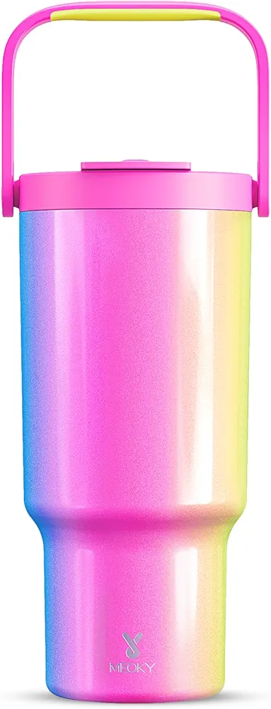 Meoky 32 oz Tumbler with Handle, Tumbler with Lid and Straw, Stainless Steel Travel Mug, 100% Leak Proof, Keeps Cold for 24 Hours, Fits in Car Cup Holder (Carnival)