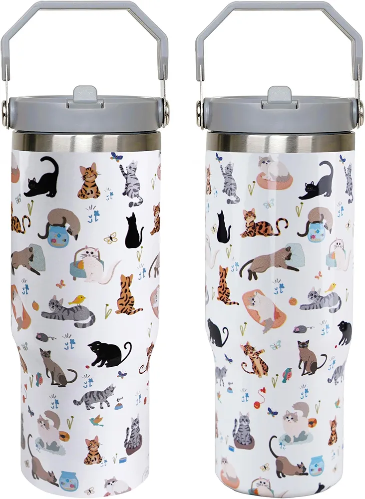 30oz Cat Tumbler with Handle and Straw, Cat Insulated Leak Proof Travel Coffee Mug, Reusable Stainless Steel Tumbler for Cat Lovers, Cat Gifts for Women